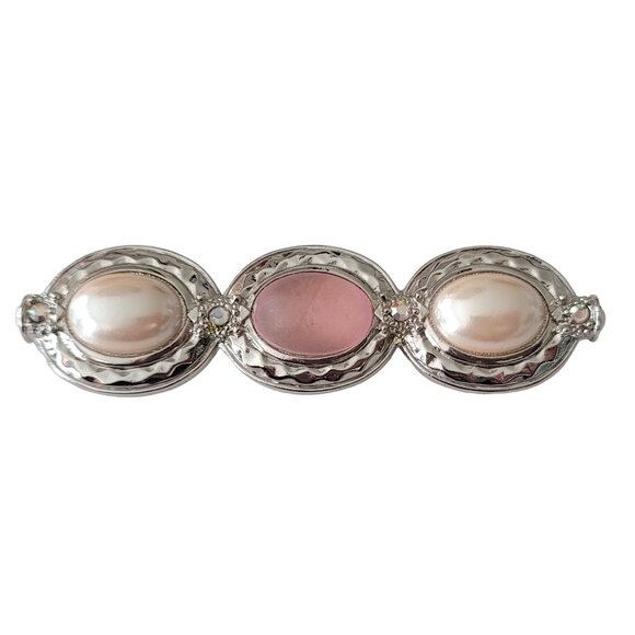 1928 Brand Silver Tone Frosted Lucite Faux Pearl Rhinestones Oval Trio Pin E733